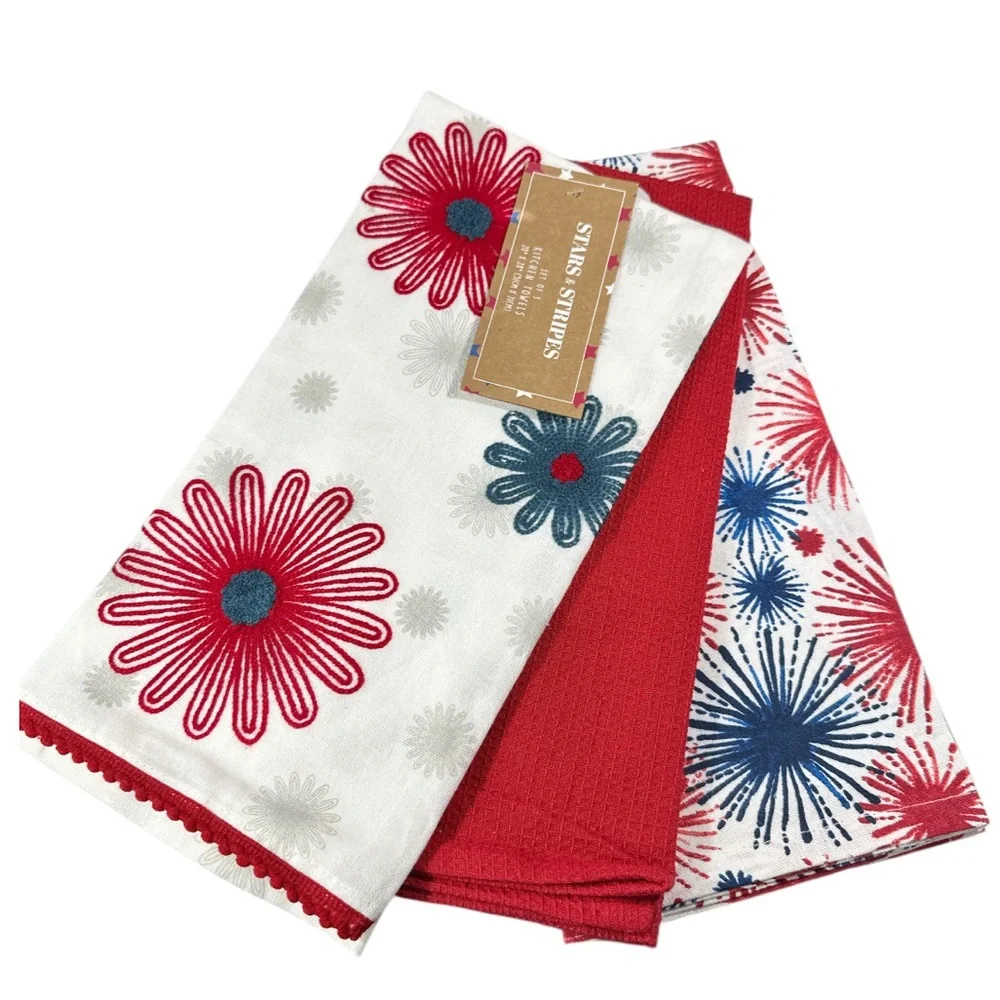 NEW Stars & Stripes FESTIVE 4th Of JULY Kitchen Towel Set/3